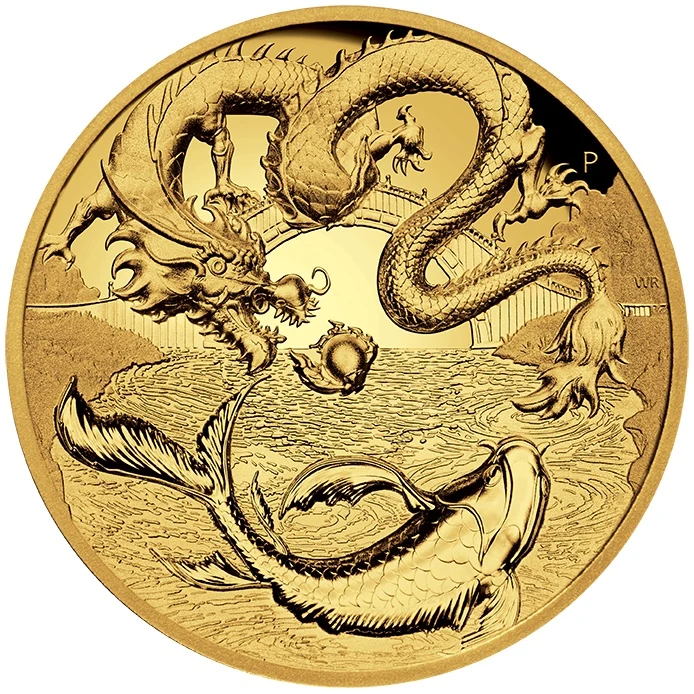 2023 1オンス オーストラリア 中国の神話と伝説 – 龍と鯉 .9999金プルーフ超高浮彫りコイン