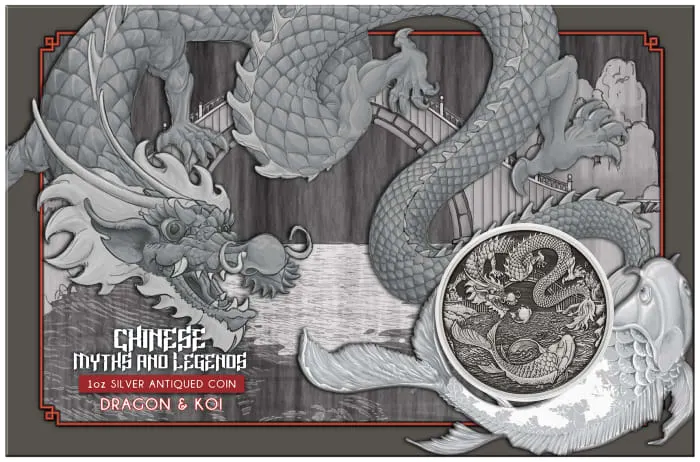 2023 1オンス オーストラリア 中国神話と伝説 – 龍と鯉 .9999銀アンティークコイン（カード入り）
