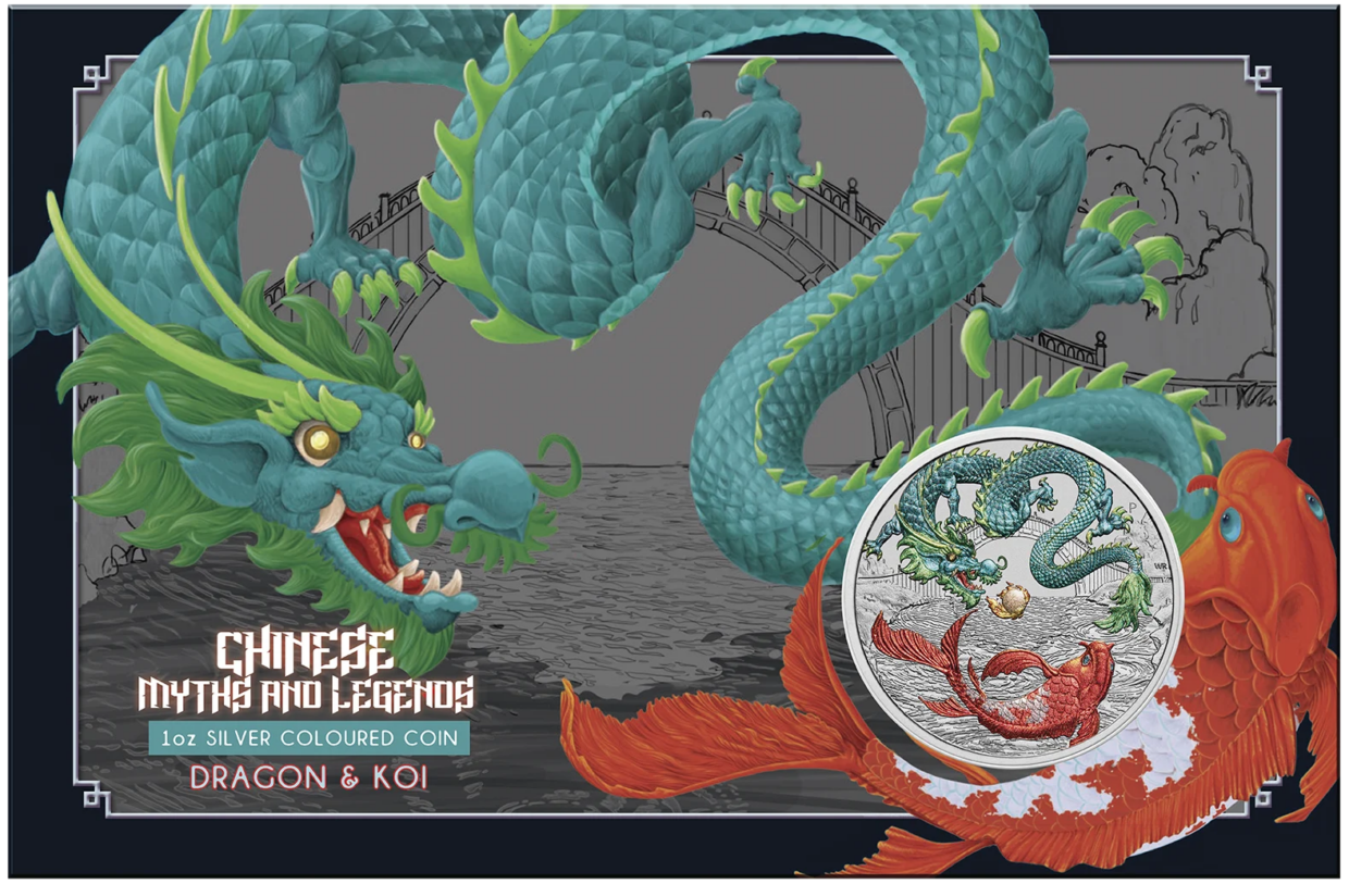 2023 1オンス オーストラリア 中国神話と伝説 緑龍と鯉 .9999銀カラーBUコイン（カード入り）