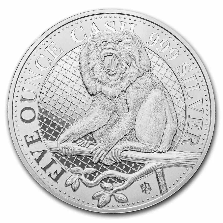 2023年 5オンス セントヘレナ 貨幣 インド野生動物 – ライオン・テイルド・マカーク・モンキー .999銀貨