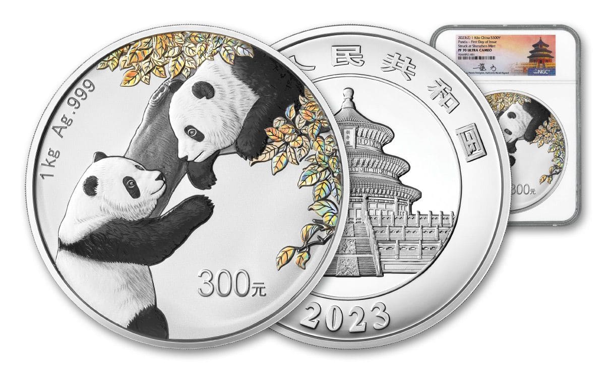 2023 中国パンダ1kg.999銀貨プルーフ貨幣（NGC PF70 FDI、トン・サイン入り）
