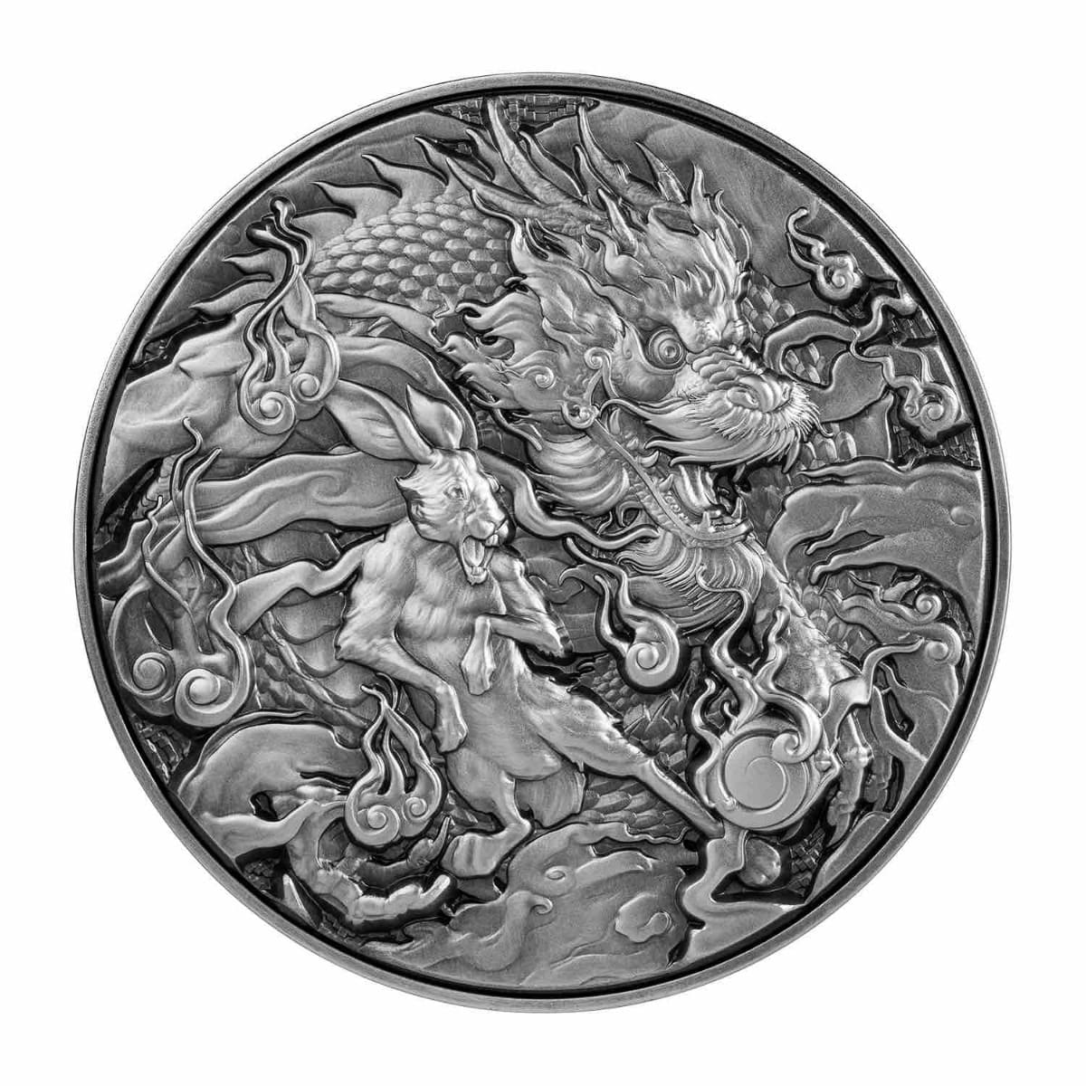 2023 2オンス トケラウ吉祥龍干支ペアシリーズ-中国の龍とウサギ.999シルバーハイレリーフアンティークコイン