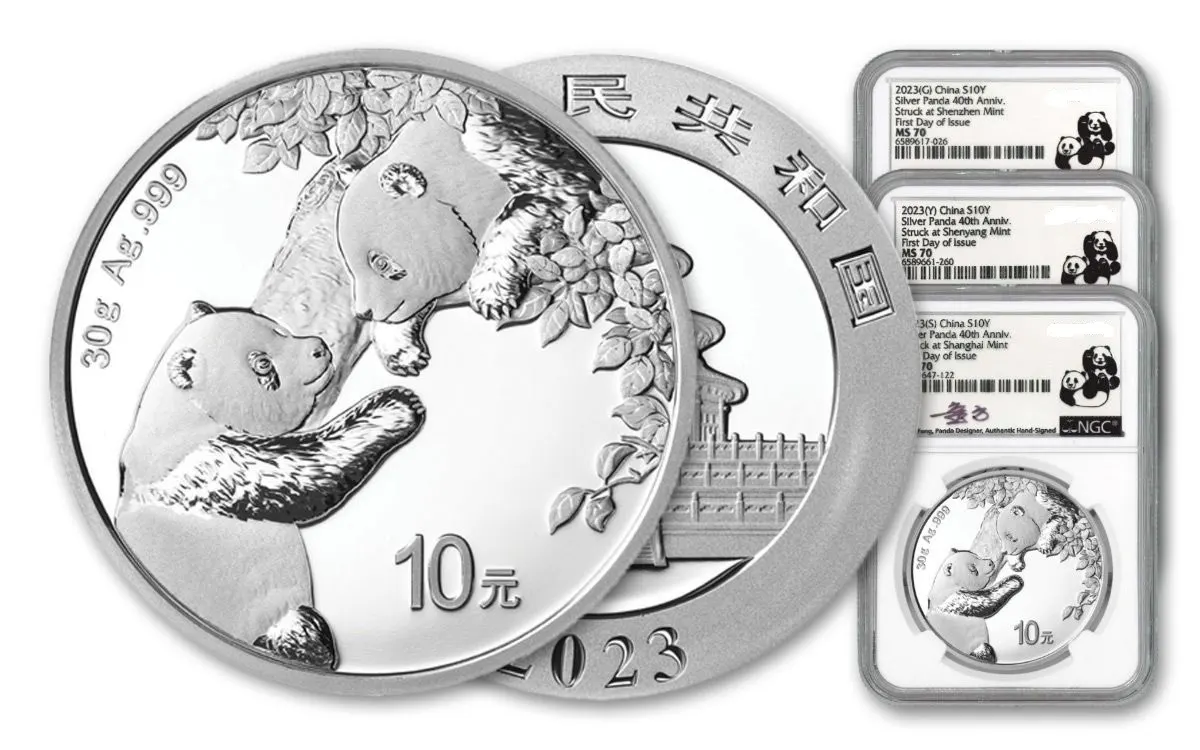 2023 30グラム中国パンダ999銀貨（NGC MS70 FDI 3造幣局セット、トン・サイン付）