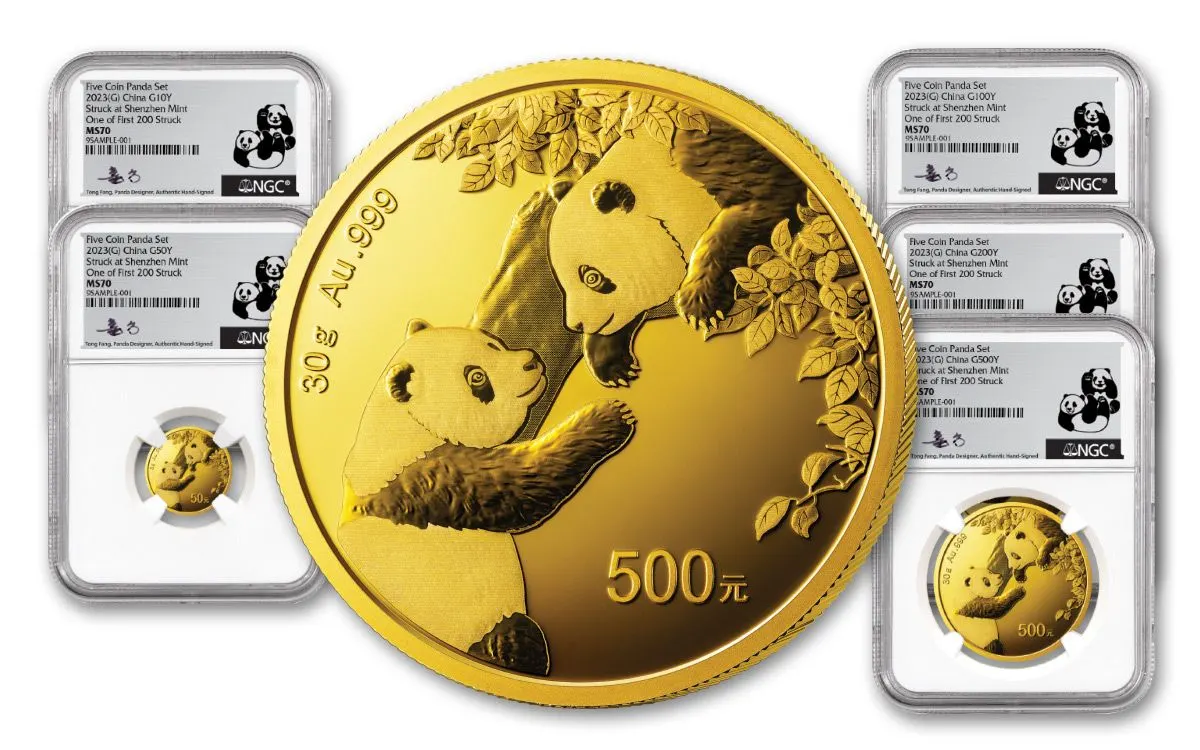 2023 中国パンダ999プレステージゴールドパンダセット – 深セン (NGC MS70 FDI – トンシグネチャーエディション) 1オンスウサギ年.999銀メダル付き
