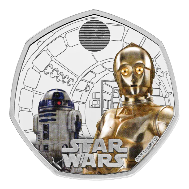 2023 8グラム イギリス スター・ウォーズ – R2D2 と C3PO .925シルバープルーフ カラーコイン