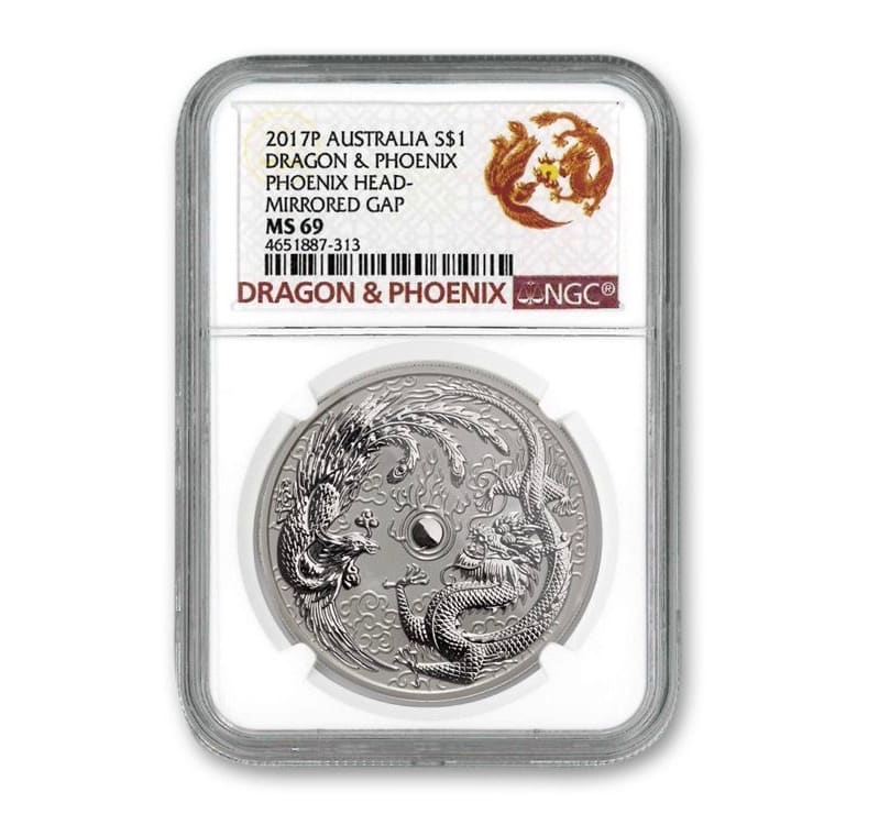 2017年 1オンス オーストラリア ドラゴン＆フェニックス エラー NGC MS69 銀貨 BU