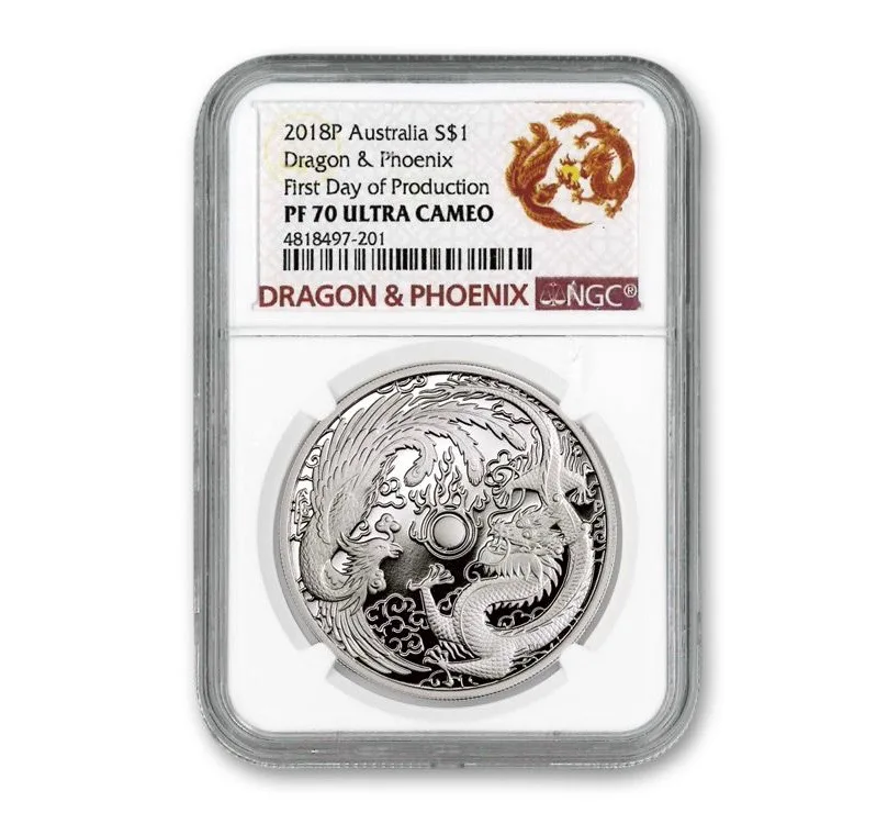 2018年 1オンス オーストラリア ドラゴンとフェニックス .9999銀貨 プルーフコイン（NGC 製造初日 PF70 ウルトラカメオ）