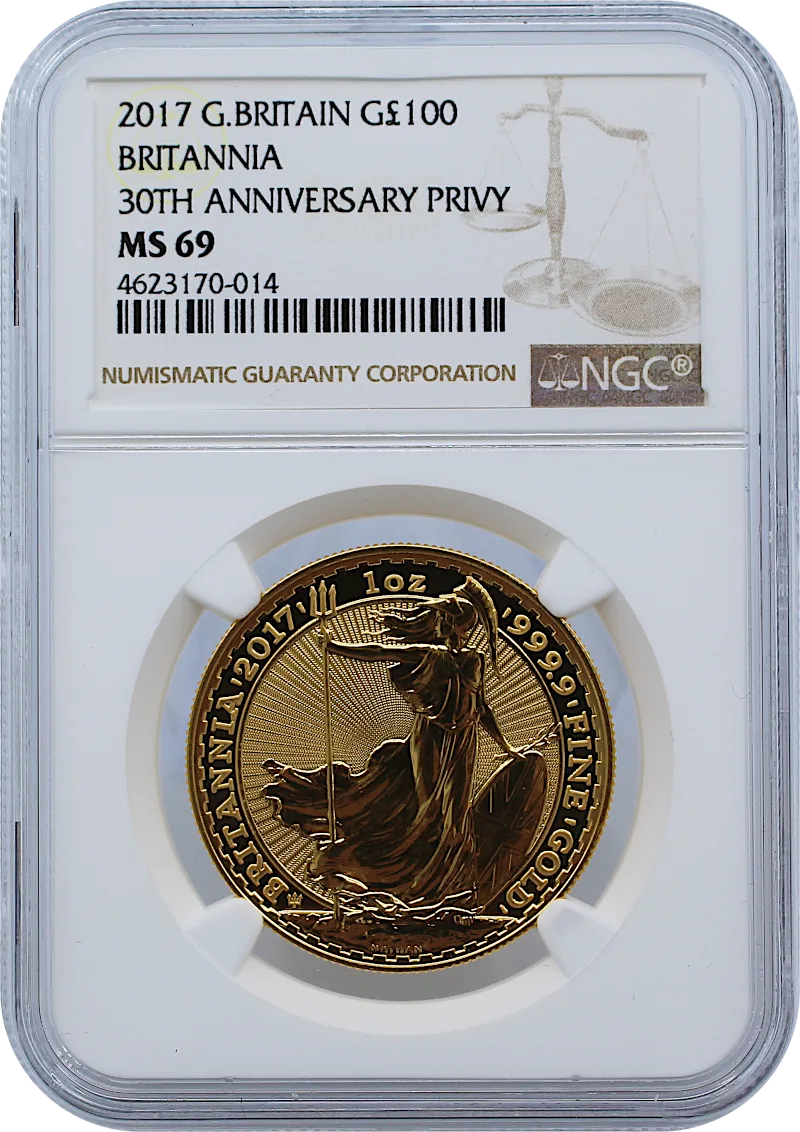 2017年 1オンス グレートブリテン ブリタニア 30周年記念エディション .9999金貨（NGC MS69）