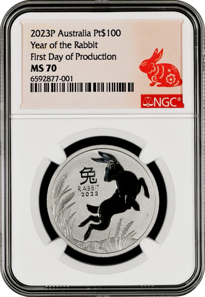 2023 1オンス オーストラリア ルナーシリーズIII ウサギ年 .9995プラチナコイン(NGC MS70 製造初日)(コンディションいろいろ)