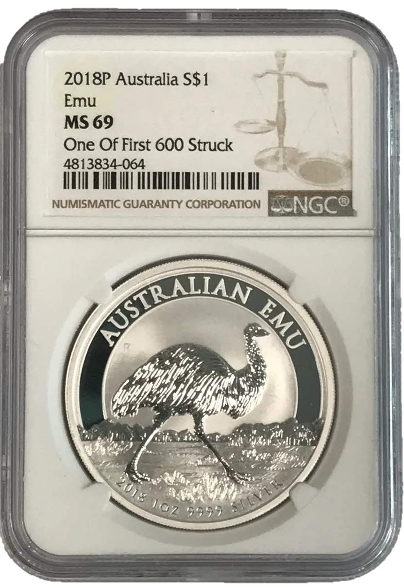 2018年 1オンス オーストラリア エミュー .9999銀貨 (NGC MS69 初回鋳造600枚のうちの1枚)