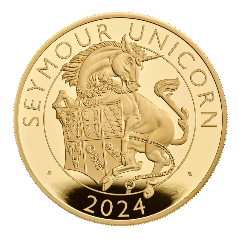 2023 5オンス グレートブリテン王室チューダー朝の獣 – シーモア一角獣 .9999金プルーフ貨幣