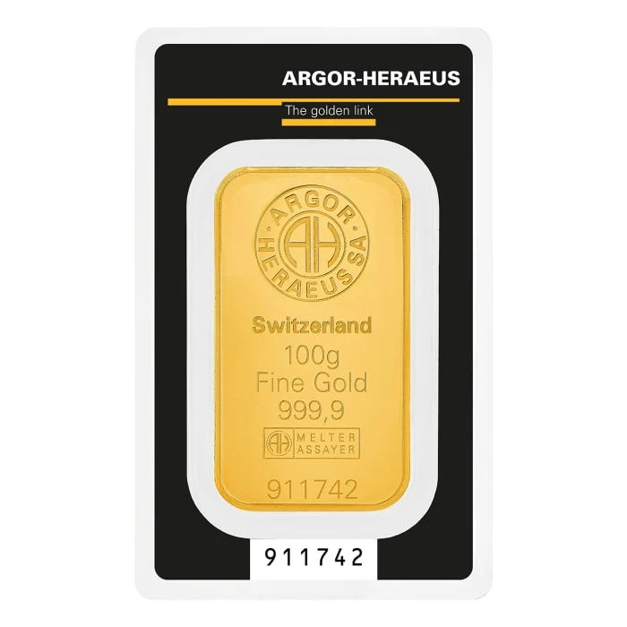 100グラム アルゴール・ヘレウス.9999金延べ棒