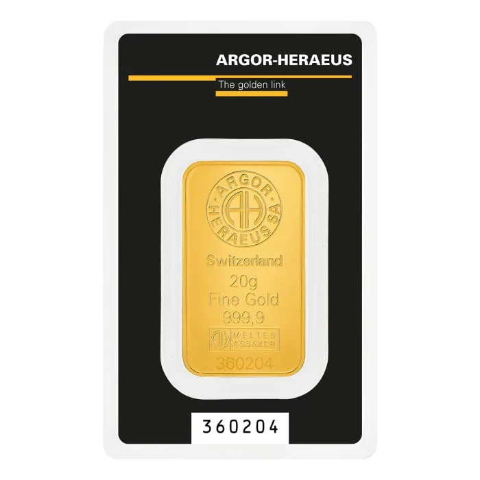 20グラム アルゴール・ヘレウス.9999金延べ棒
