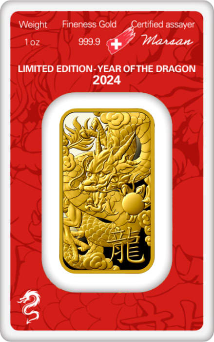 2024 1オンス アルゴール・ヘレウス旧暦辰年.9999金延べ棒（査定中）
