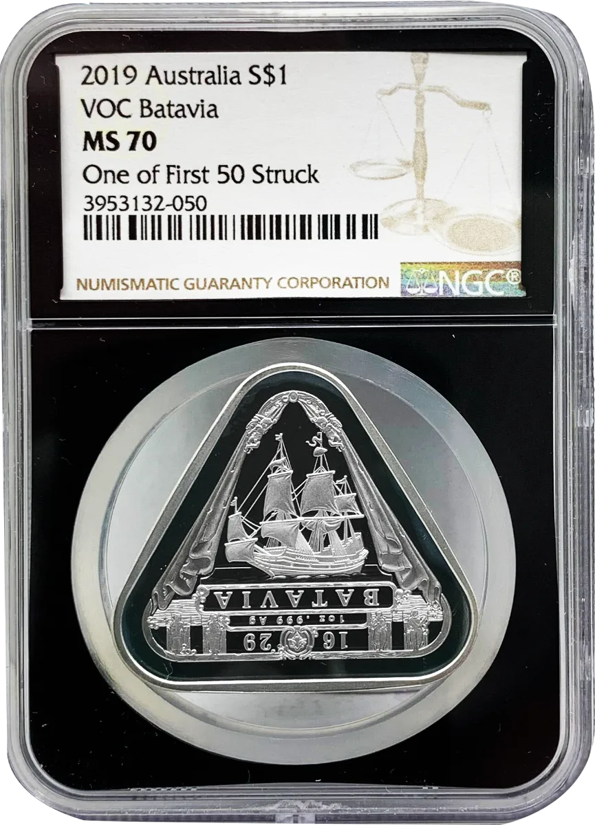 2019年 1オンス オーストラリア難破船バタビア999銀貨 (NGC MS70) – 斑点あり