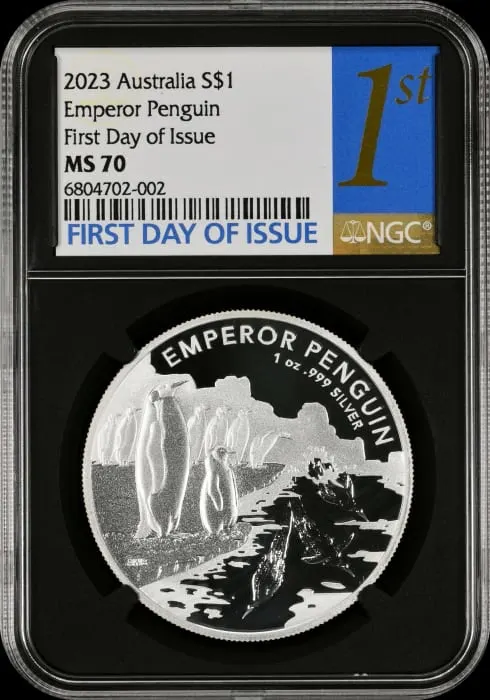 2023 1オンス オーストラリア南極地域 – エンペラーペンギン .999銀貨 BUコイン（NGC MS70 FDI）