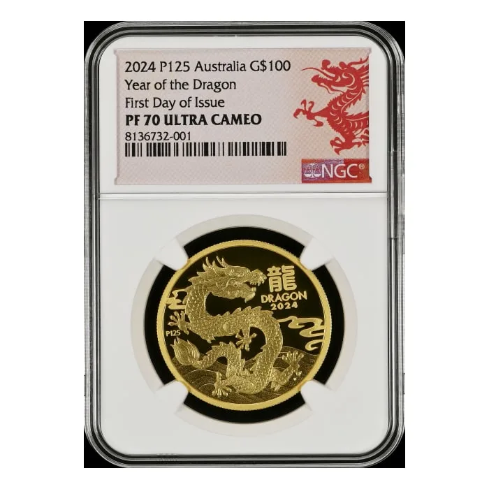 2024 1オンス オーストラリア月シリーズIII 辰年.9999金プルーフ貨幣（NGC PF70 初回発行日）