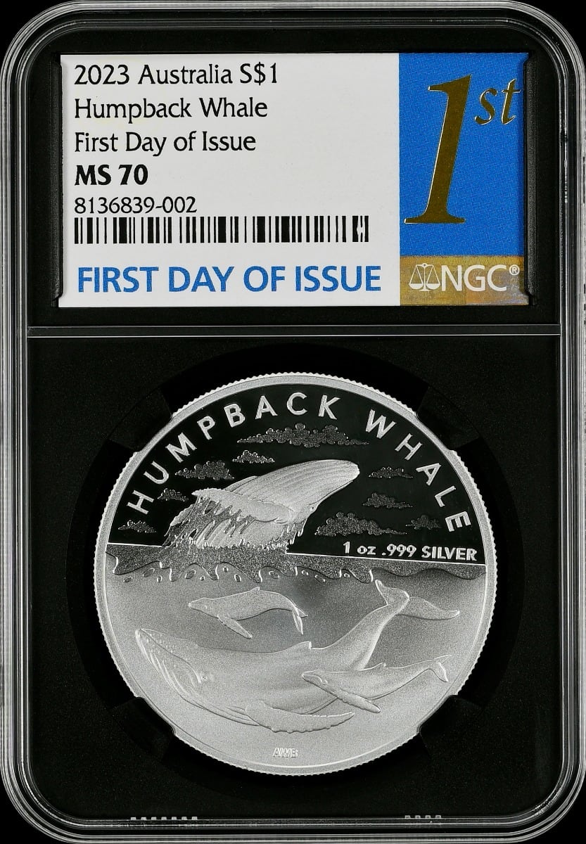2023 1オンス オーストラリア南極地域 – ザトウクジラ .999銀貨 BUコイン（NGC FDI MS70）