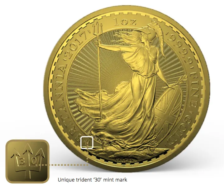 2017年 1オンス 英国ブリタニア30周年記念 0.9999金貨