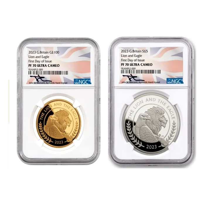 2023 グレートブリテン 英国ライオン＆イーグル金銀プルーフ2コインセット（NGC PF70 FDI）