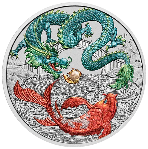 2023 1オンス オーストラリア 中国の神話と伝説 – 緑龍と鯉 .9999銀カラーBUコイン