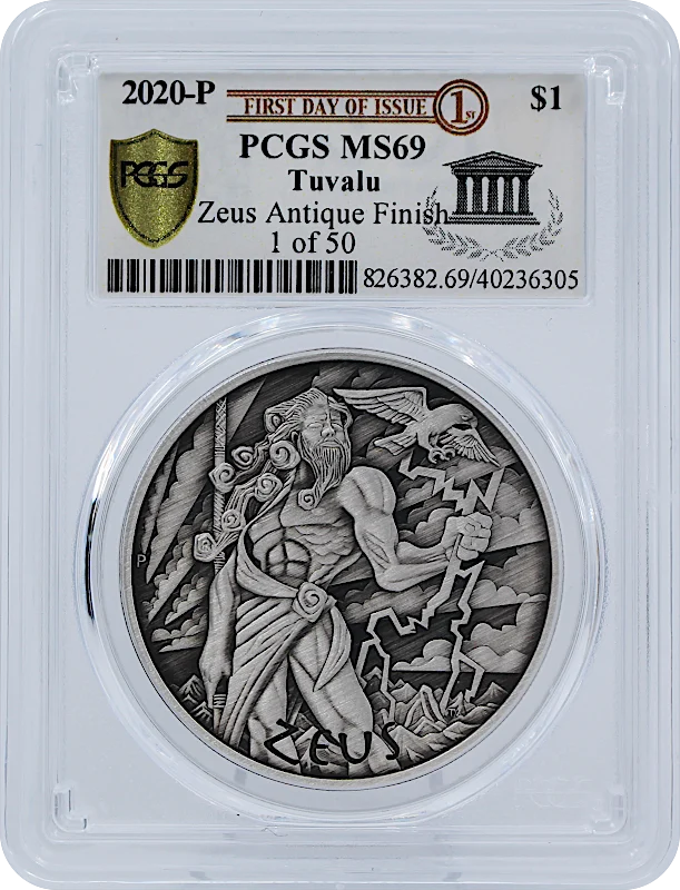 2020年 1オンス ツバル オリンポスの神々 – ゼウス.9999銀アンティークコイン(PCGS MS69 FDI Exclusive Label)