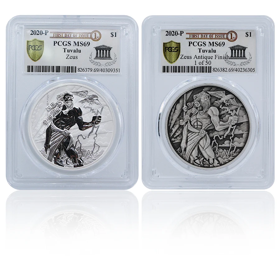 2020年 1オンス ツバル オリンポスの神々 – ゼウス .9999銀貨 2枚セット(PCGS MS69 初日限定ラベル)